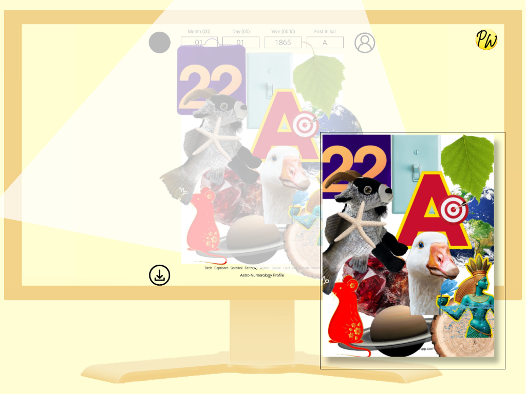 Personal Wisdom App allows the user to design an Astro-Numerology Profile Collage by moving the glyphs on the screen with a tap in the desired direction; by double clicking them, their size and image changes. The final layout can be downloaded as a JPG and shared.